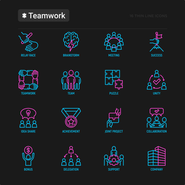 团队细线图标集:接力赛，头脑风暴，成功，会议，想法分享，协作，联合项目，团结，支持，授权，奖金。现代向量插图。图片下载