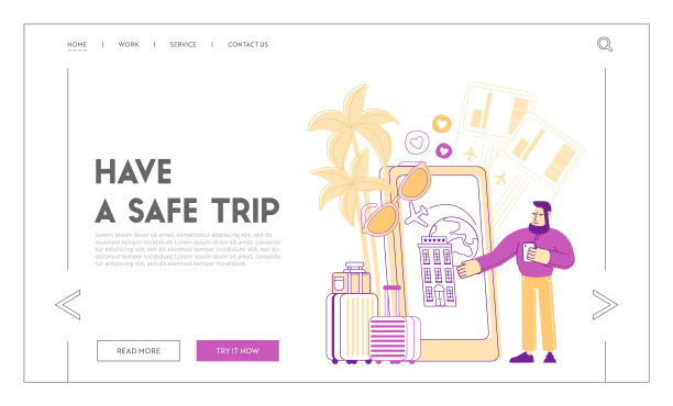 旅行应用移动技术登陆页面模板。旅行者角色使用智能手机应用程序搜索路线，地点与Gps，预订机票。线性向量插图图片下载