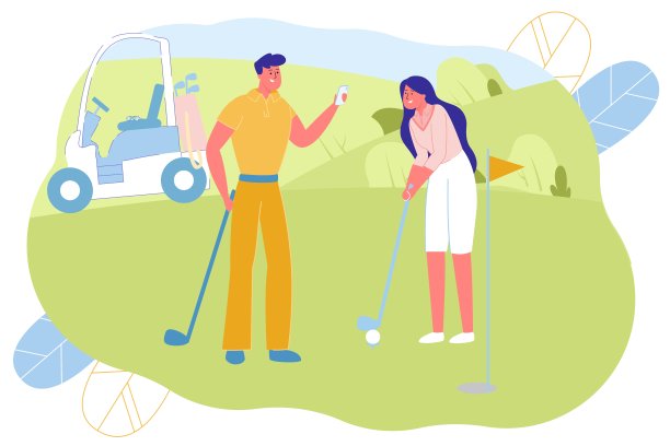 情侣在绿色草地上打高尔夫球图片下载