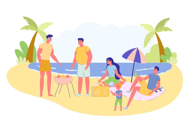 公司亲属在度假胜地休息，向量旗帜图片下载