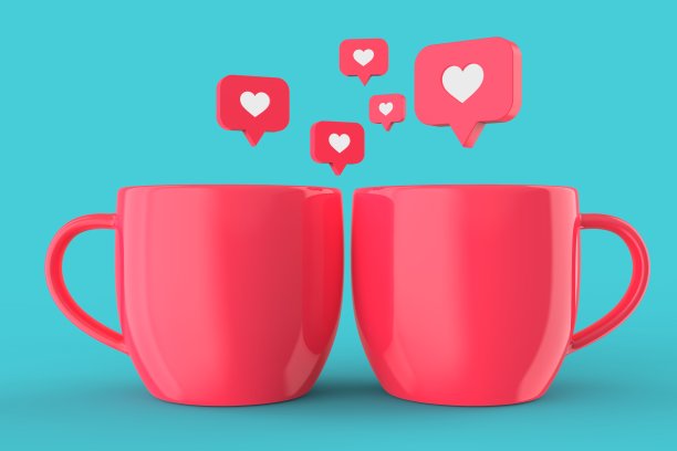 爱如心图标粉色马克杯孤立在蓝色背景模型，复制空间库存照片图片下载