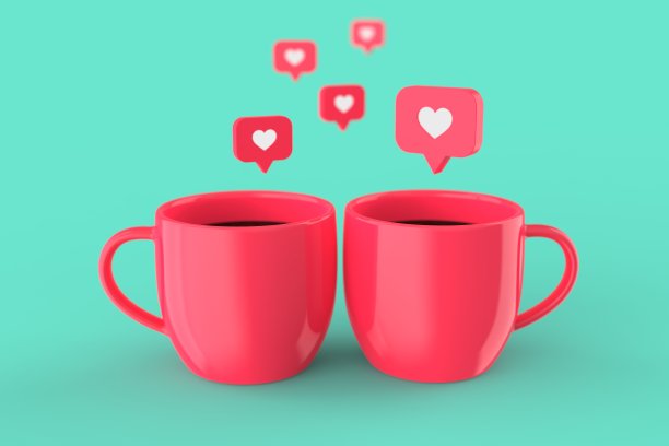 爱如心图标粉色马克杯孤立在蓝色背景模型，复制空间库存照片图片下载