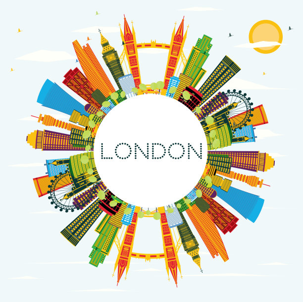 英国伦敦城市天际线与彩色建筑，蓝天和复制空间。图片下载