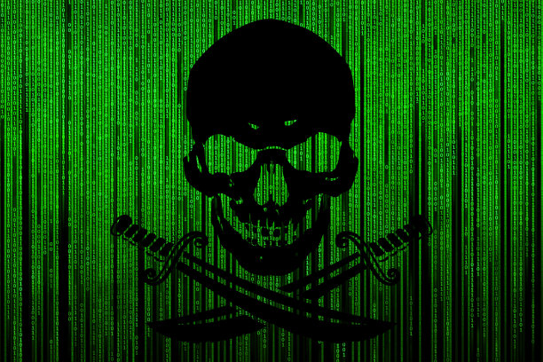 黑色海盗旗在明亮的绿色背景下，从一个二进制代码的矩阵倾泻而下。图片下载