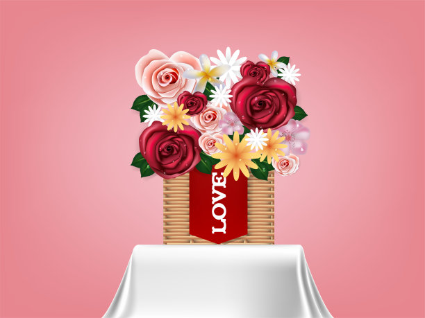 美丽逼真的插图矢量花在篮子上的桌布，平面设计概念的花情人节图片下载