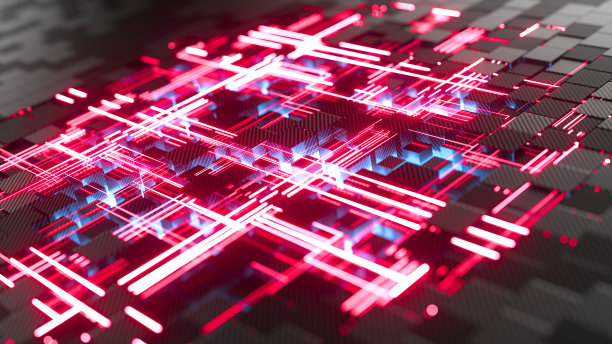 抽象三次几何曲面。连接的概念。大量碳纤维块的结构与数字发光线。深色和明亮的几何元素与景深效果。三维渲染图片下载