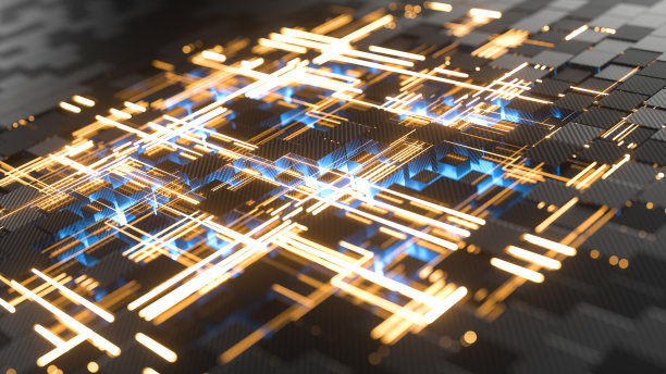 抽象三次几何曲面。连接的概念。大量碳纤维块的结构与数字发光线。深色和明亮的几何元素与景深效果。三维渲染图片下载