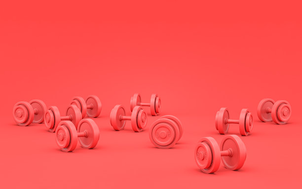 地板上的一堆哑铃，粉色背景，纯背景，平面背景，单色，3d渲染图片下载