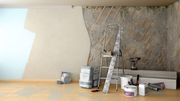 公寓修复概念修复工具和材料站在一个废弃的房间3d渲染图像图片下载