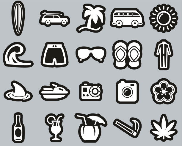 冲浪运动和生活方式图标白色在黑色贴纸设置大图片下载