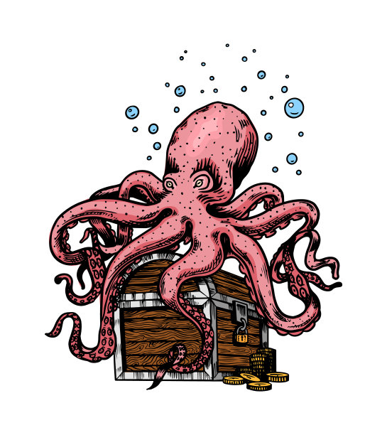 海章鱼坐在装满金子的海盗箱子上。海生或海生章鱼，海鳗。手绘单色复古雕刻老素描。矢量插图纹身或标志图片下载