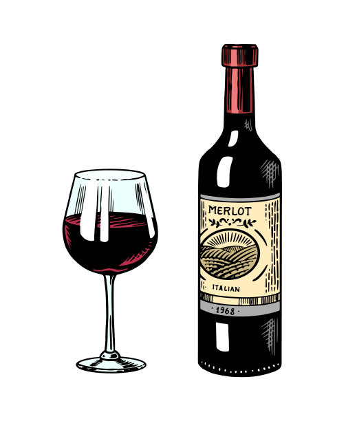 一杯红酒和一瓶静物。酒精饮料或起泡香槟手绘雕刻复古素描为酒吧，餐厅菜单图片下载