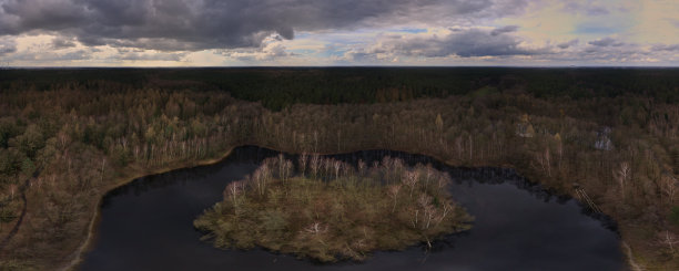 宽阔的全景鸟瞰图的一个小湖与一个岛在一个茂密的落叶林在德国北部，缝图片下载