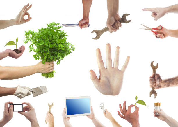 一组手握物体和标志孤立图片下载