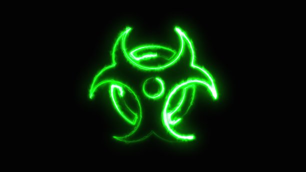 电子射线在黑色背景上画出放射性标志，由计算机生成。三维渲染警告标志图片下载