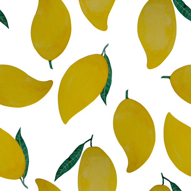 黄色成熟的芒果水果和绿叶插图无缝重复图案，水彩手绘孤立模切和剪切路径在白色背景的壁纸和织物纺织品印刷图片下载