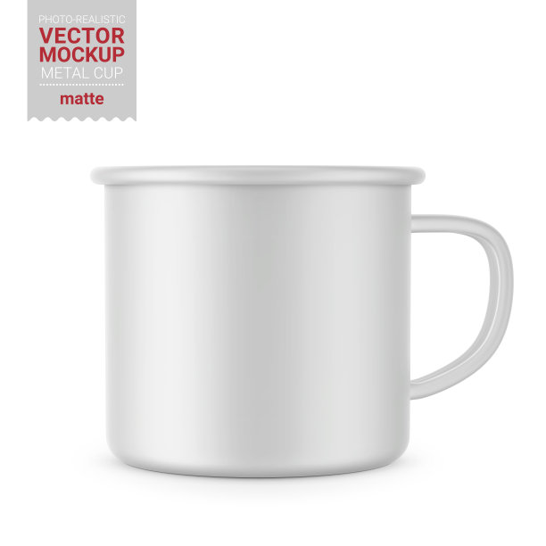 哑光白色搪瓷金属杯。矢量模型。图片下载