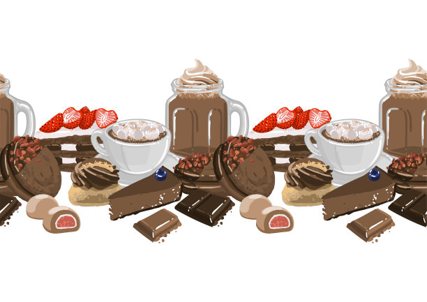 一杯巧克力奶昔和咖啡或可可与棉花糖，围绕着不同的甜点图片下载