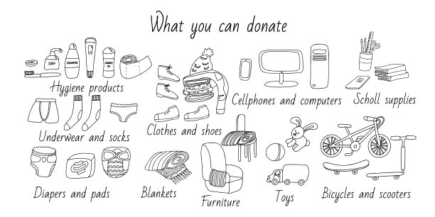 涂鸦风格的捐赠物品清单。图片下载