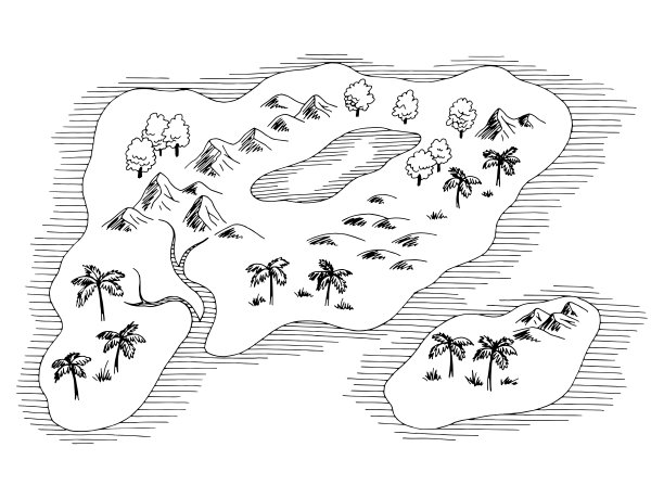 岛地图复古图形黑白草图插图矢量图片下载