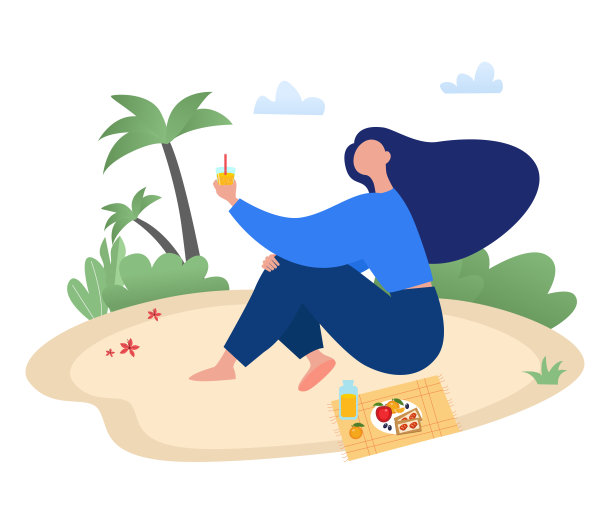 坐在沙滩上喝着果汁的女人。野餐，休息，假日概念平面矢量插图图片下载