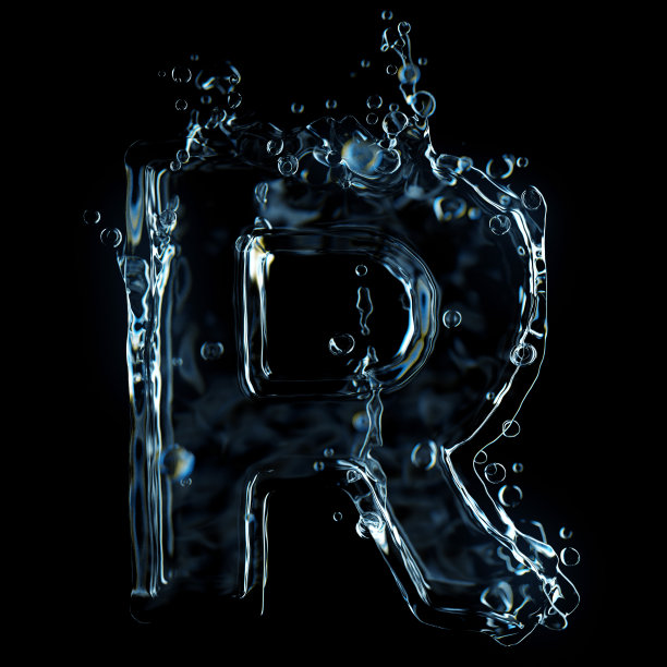 液体字母R水飞溅隔离在黑色背景上图片下载
