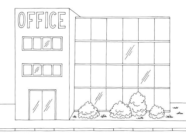 办公楼外部正面视图图形黑白草图插图矢量图片下载