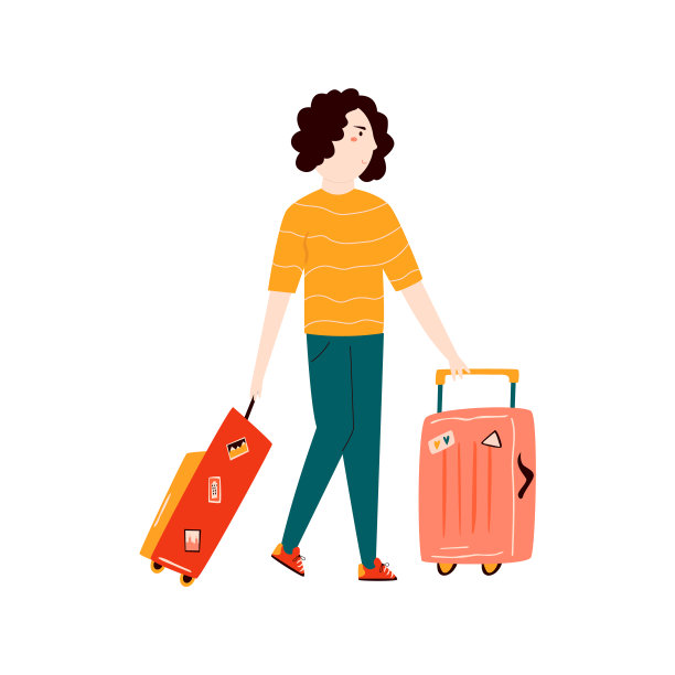 带着箱子去度假的年轻女人。矢量插图在一个平坦的风格图片下载