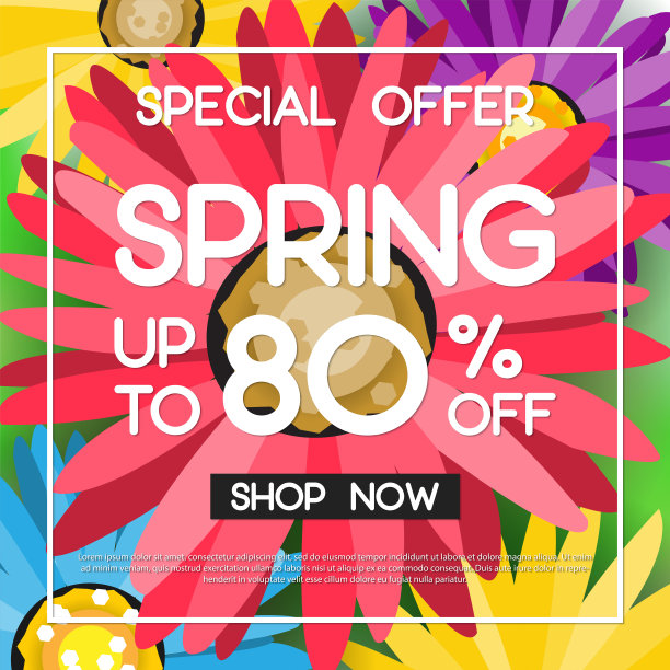 春季大甩卖横幅，以五彩缤纷的鲜花为背景。矢量设计为您的贺卡，传单，网络横幅，邀请，海报，小册子，横幅，日历，春季销售。图片下载