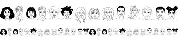 儿童的多样性头像线条画涂鸦无缝边界图案图片下载