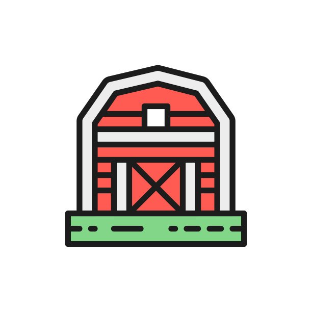 农场谷仓、温室、乡村单色线图标。在白色背景上隔离图片下载