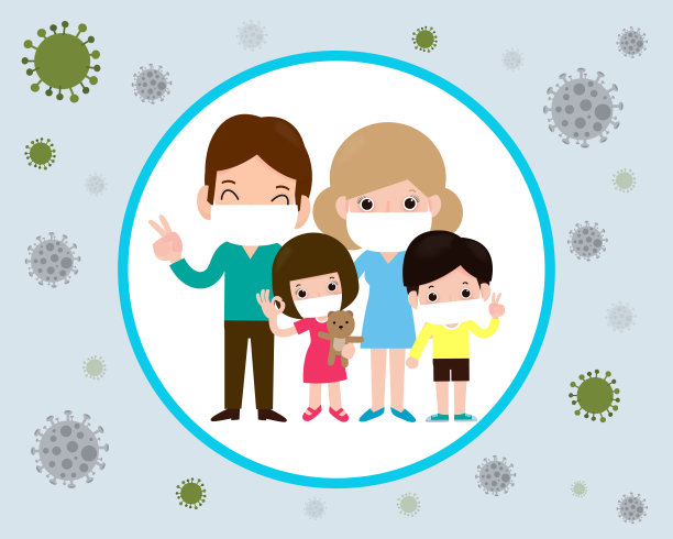 Covid-19或冠状病毒2019-nCoV疾病预防概念与卡通家庭戴防护口罩预防病毒，平面设计矢量插图素材图片