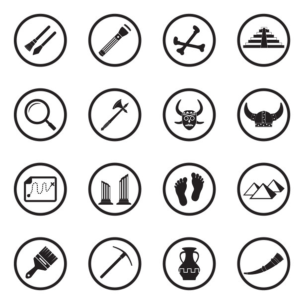 考古学图标。组2。圆形的黑色平面设计。矢量插图。图片下载