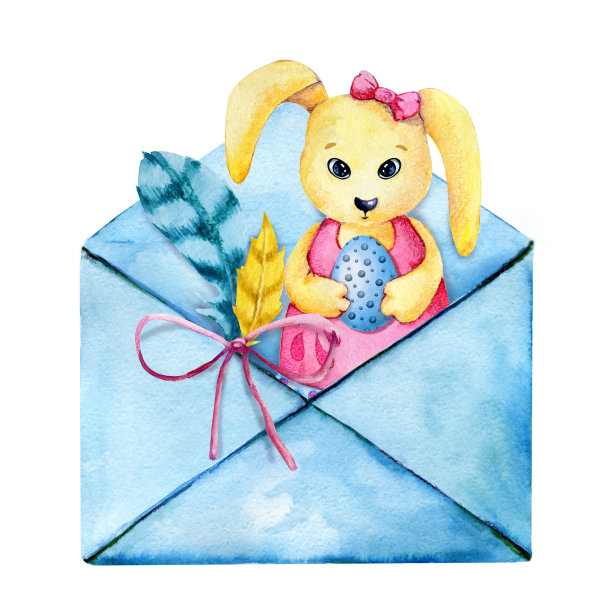 可爱的复活节兔子小女孩手里拿着一个彩绘的彩蛋，小鸟的羽毛从一个打开的信封里探出头来，祝贺她的到来。手水彩插图孤立的白色背景。图片下载