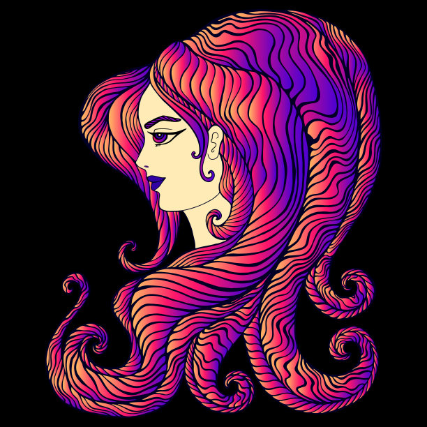 迷幻女神，亮橙粉紫的发色渐变。孤立的黑色背景。幻想抽象女人波浪线头发。和一个女孩的超现实幻想艺术。矢量手绘插图图片下载