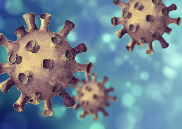 病毒的蓝色背景。手绘三维模拟新型冠状病毒细胞图片下载