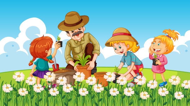 以人们在花园里植树为背景的自然场景图片下载