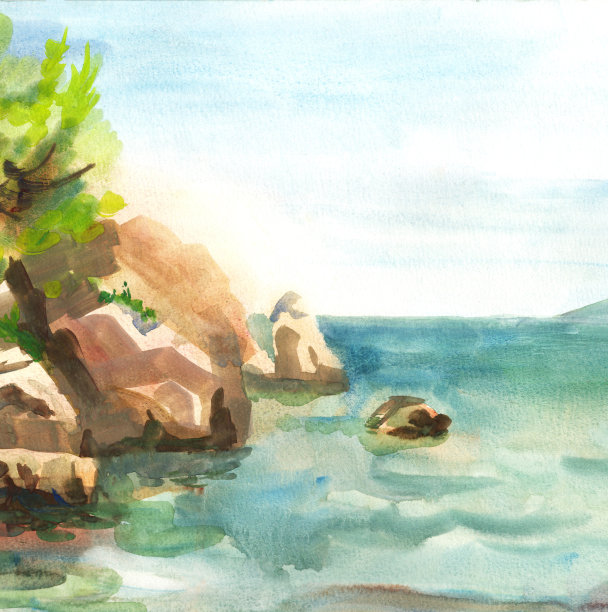 手绘水彩画彩色的岩石，海，绿色的树，蓝天背景。图片下载