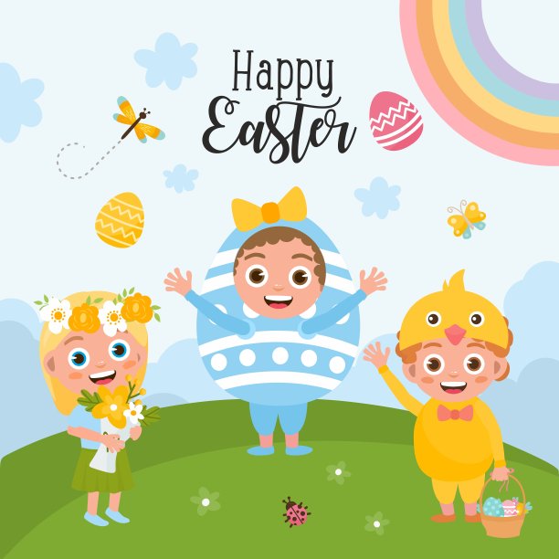 复活节贺卡快乐。可爱的孩子们穿着鲜艳的复活节服装。可爱的蛋，花圈里快乐的女孩，黄鸡。复活节插图。春天的风景。图片下载
