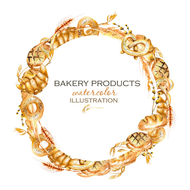 花环，圆形框架边界与烘焙产品(面包圈，面包，法式长棍)，手绘水彩在一个白色的背景图片下载