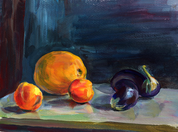 以成熟的桃子、橘色的甜瓜、紫色的茄子为背景的丙烯画静物。图片下载