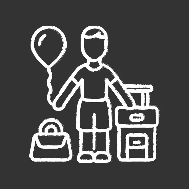 移民儿童粉笔图标。孩子出国旅行。旅游行程。假期,旅游。旅客，乘客与气球，携带手提包和手提箱。孤立矢量黑板插图图片下载