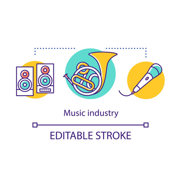 音乐行业概念图标。唱片公司。组织的音乐会。喇叭,喇叭,麦克风。制作中心构思细线插画。矢量孤立轮廓绘制。可编辑的中风图片下载
