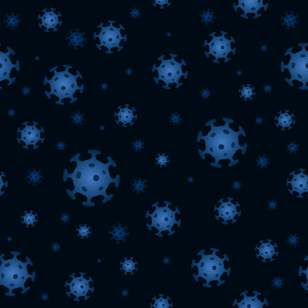 冠状病毒感染传播无缝蓝色模式。冠状病毒，细菌，生物生物体，暗背景。危险和公共卫生风险疾病和流感流行。大流行医学概念图片下载