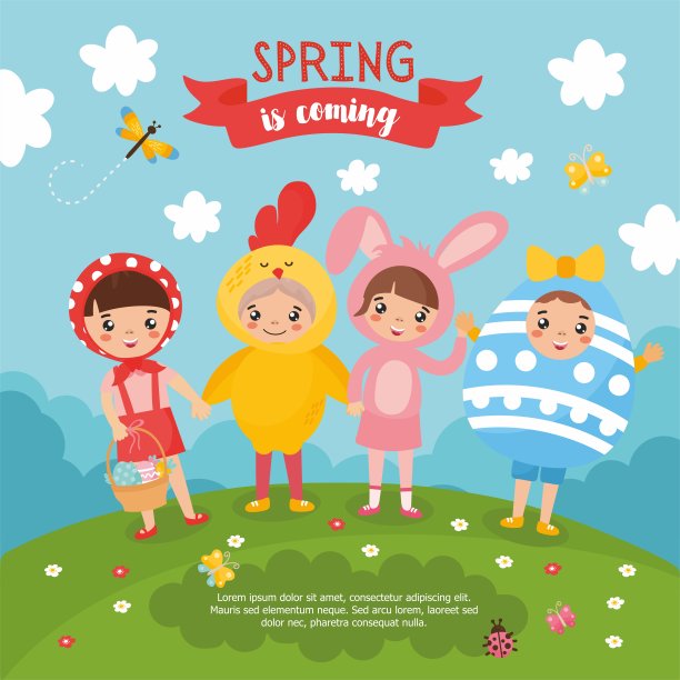 绿色的自然景观和可爱的孩子。“春天来了”的励志短信。男孩和女孩穿着鲜艳的复活节服装。放置你的文本。图片下载