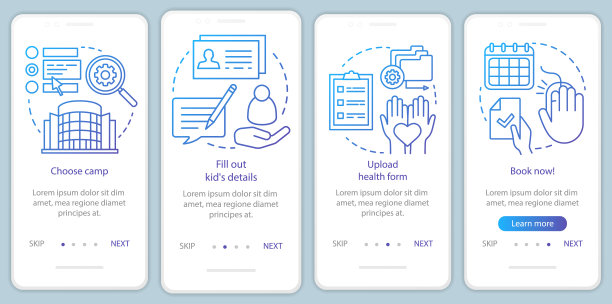 营地预订登陆手机应用页面屏幕矢量模板。儿童假期预定。用线性插图演练网站步骤。UX, UI, GUI智能手机界面概念图片下载