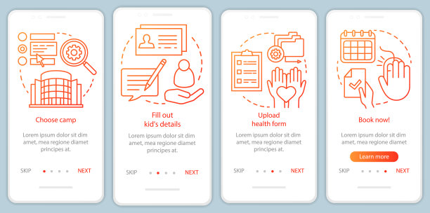 营地预订登陆手机应用页面屏幕矢量模板。儿童假期预定。用线性插图演练网站步骤。UX, UI, GUI智能手机界面概念图片下载