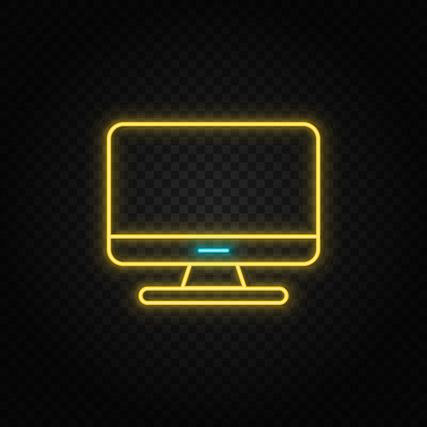 电脑桌面。蓝色和黄色霓虹灯矢量图标。透明的背景图片下载