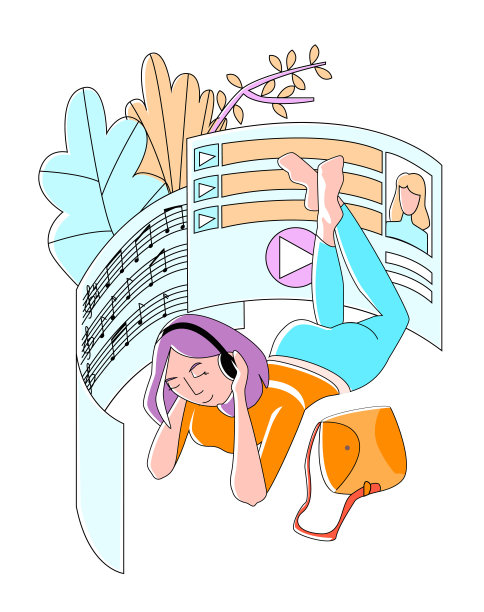 矢量平面插图的吸引力，快乐的女孩躺在草地上听音乐的耳机。图片下载