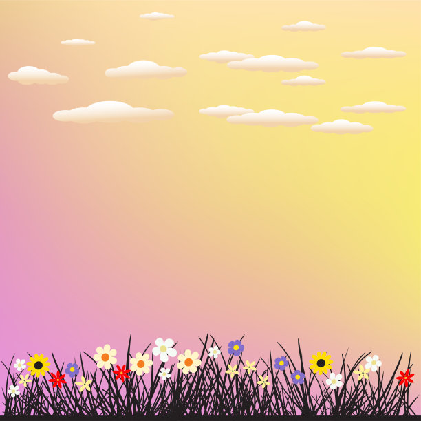 春天的草和花在天空的背景图片下载